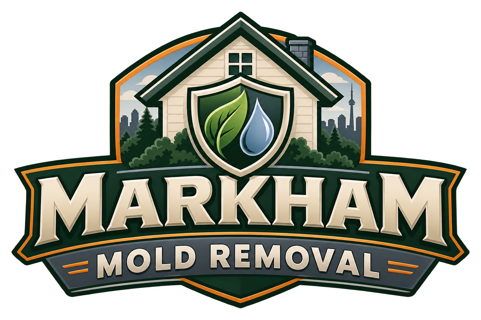 Markham Mold Removal logo with a house, shield, green leaf, water drop, and Toronto skyline in dark green and orange.